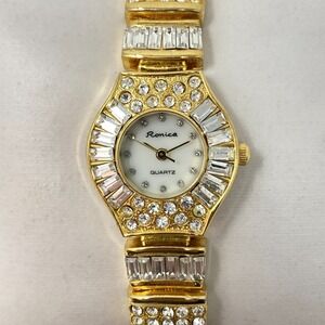 Vintage Ronica Watch Women 24mm Gold Tone Crystal Bling READ New Battery 7"